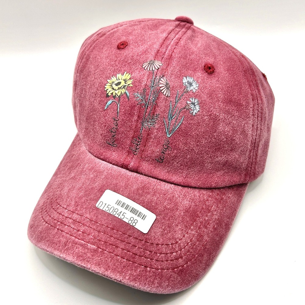 Flower Baseball Cap OS Maroon Embroidered Sunflowers Adjustable Strapback Hat